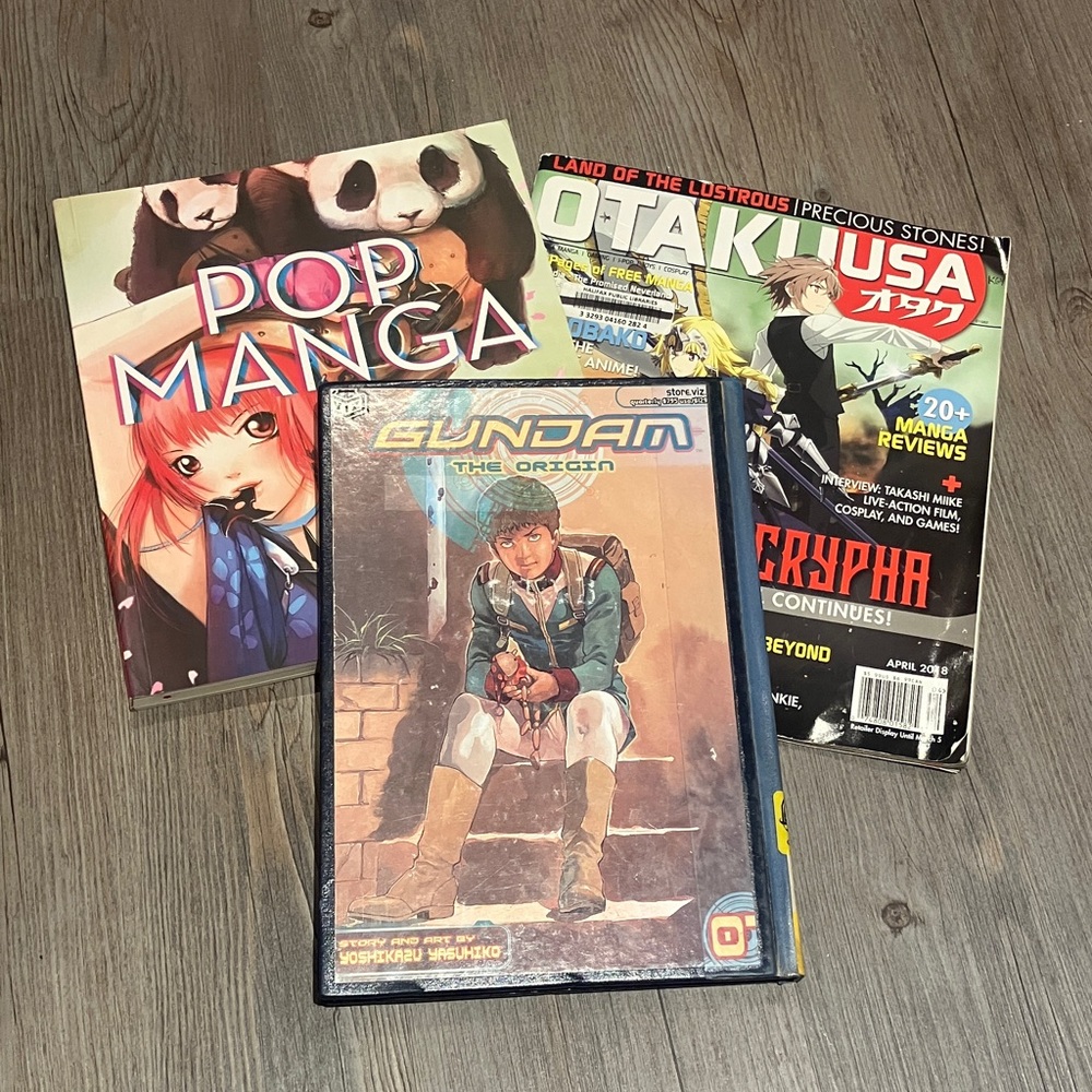 Gundam The Origin Manga bundle with a how to draw manga book and a magazine